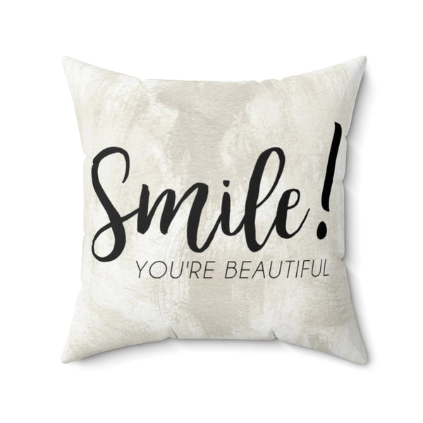 With Saying Pillow Cover | Beige White | Smile