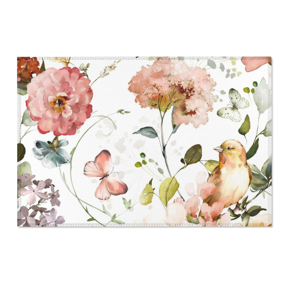 Floral Area Rug | White Peach Blossoms Butterflies