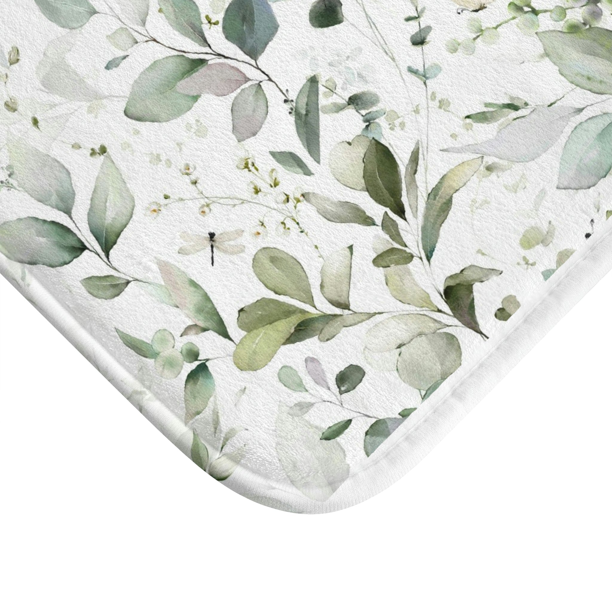 Boho Bath, Kitchen Mat | Floral Eucalyptus Sage Green White