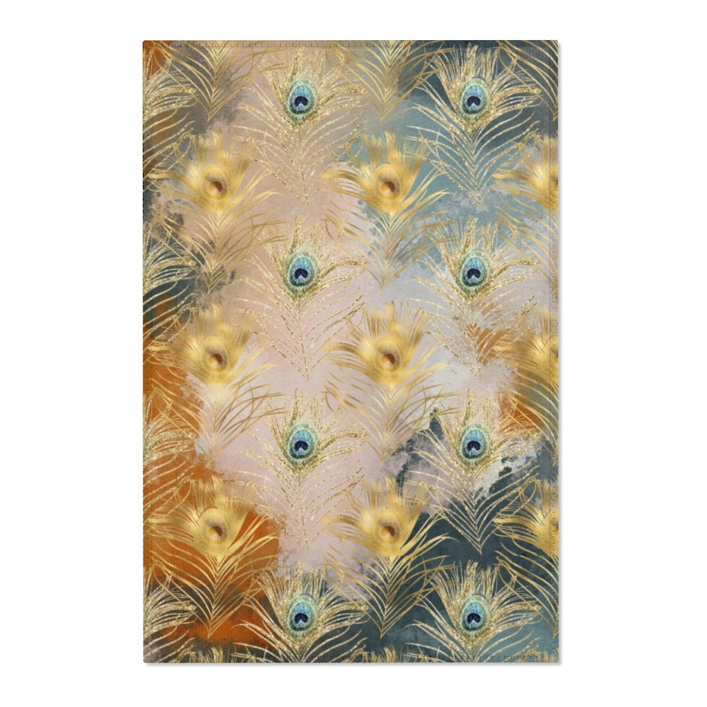 Boho Area Rug | Gold Navy Rust Feathers