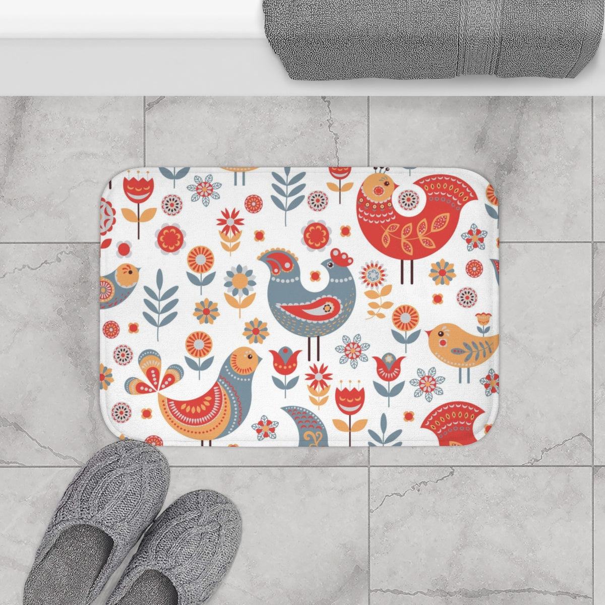 Christmas Bath Mat | White Gray Red Nordic Folk Birds