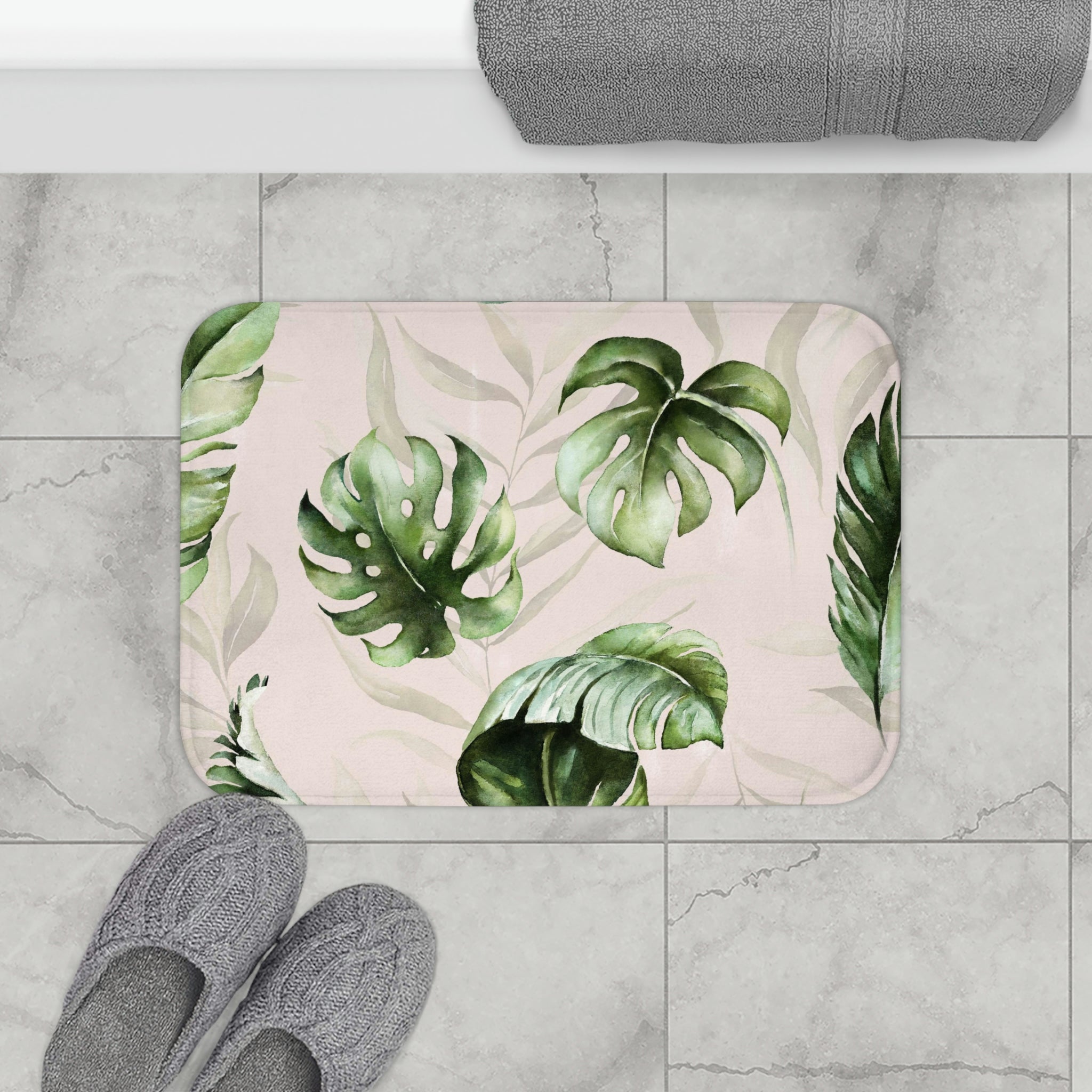 Floral Bath, Kitchen Mat | Green Monstera Leaves