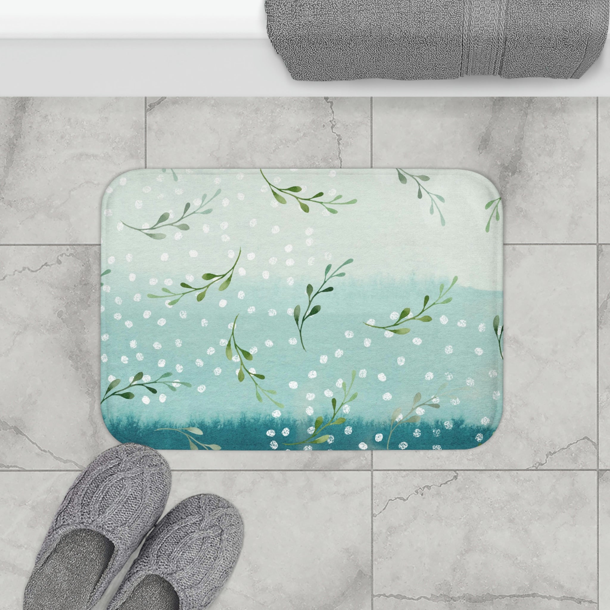 Floral Bath Mat | Teal Mint Green Ombre