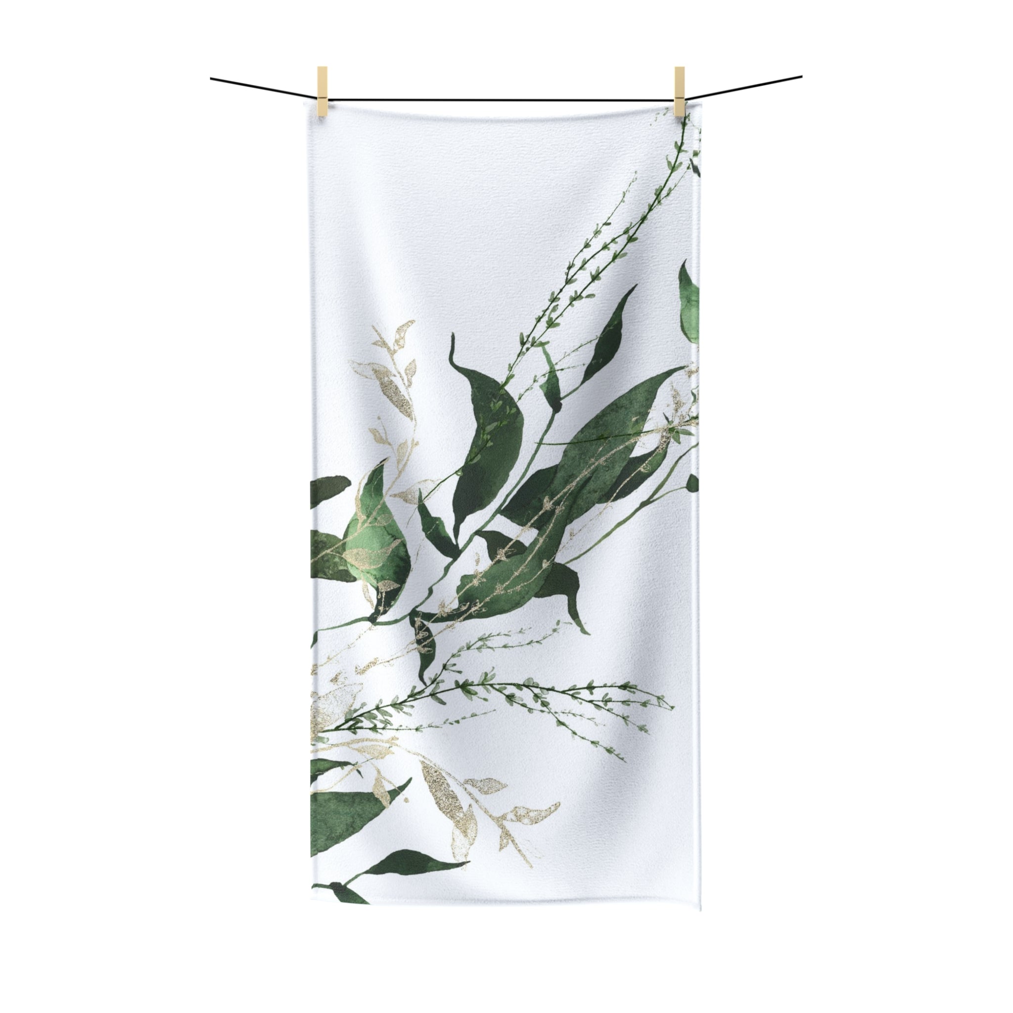 Floral Boho Bath Beach Towel | White Forest Green Leaves