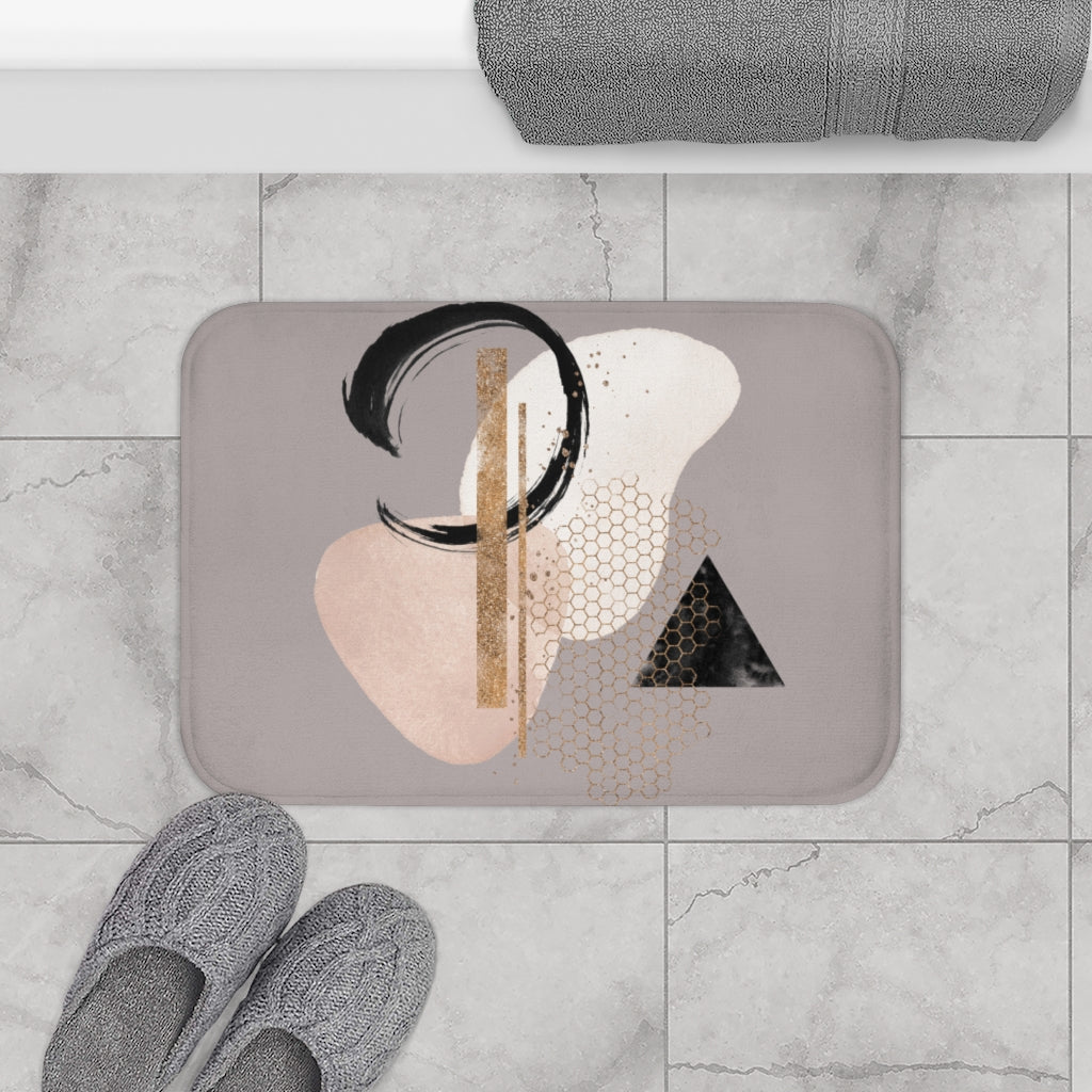 Boho Bath Mat, Gray Blush Pink, Ivory Black Geometric