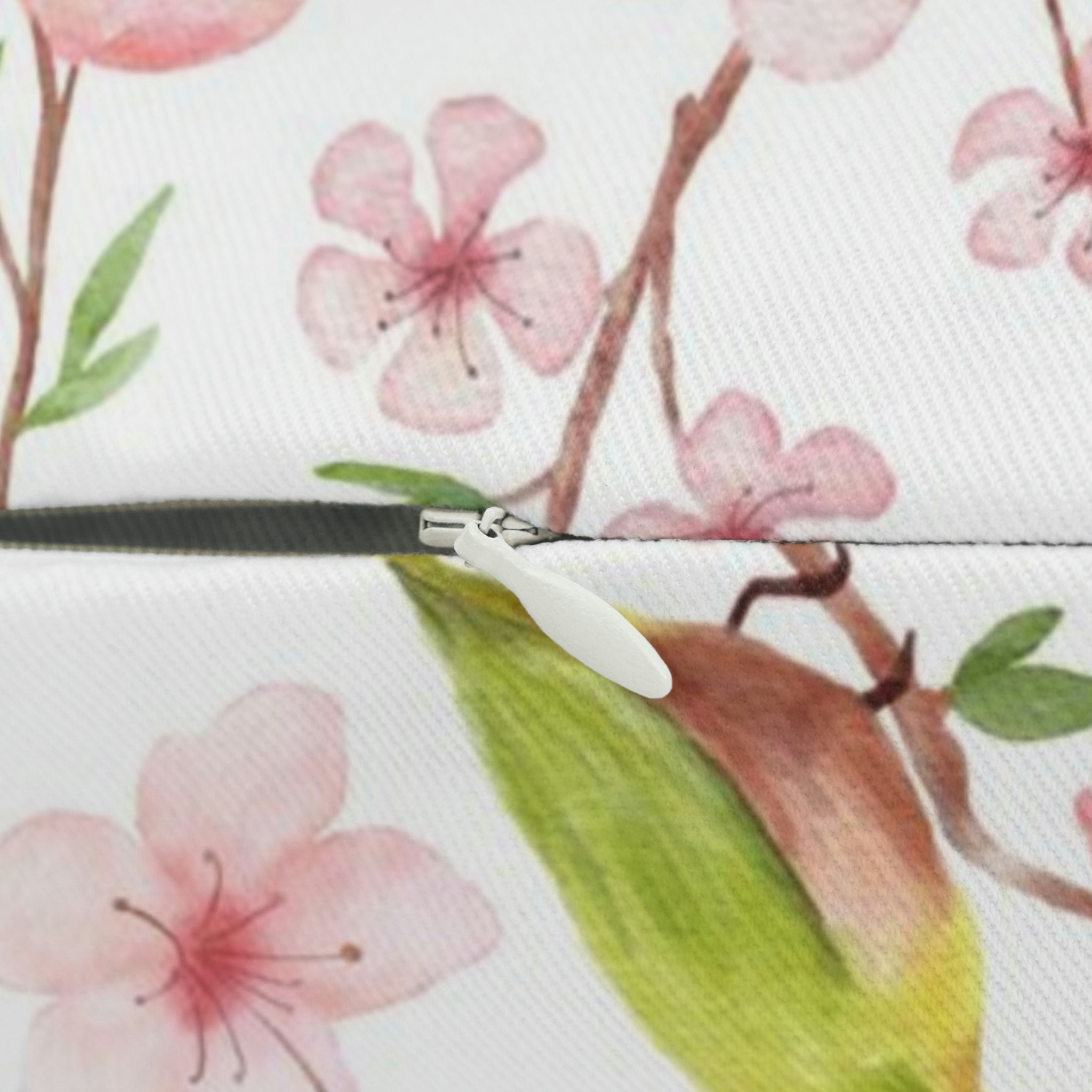 Sakura Lumbar Pillow | Pink Floral, Green Bird Watercolor