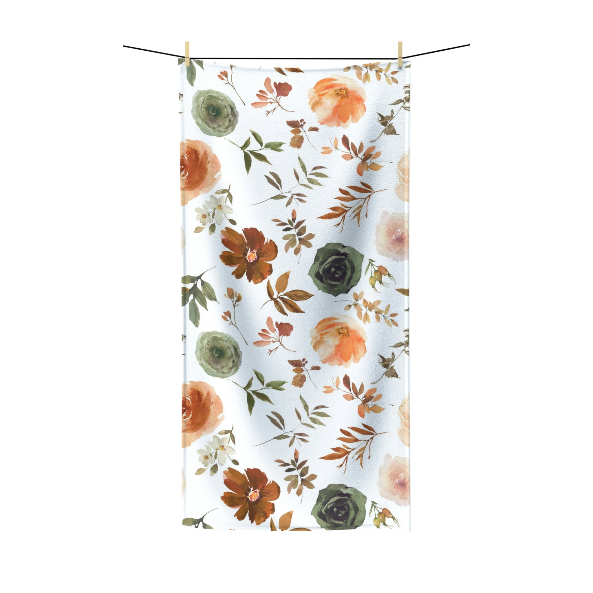 Boho Floral Bath Towel | Sage Green, Brown Beige, White