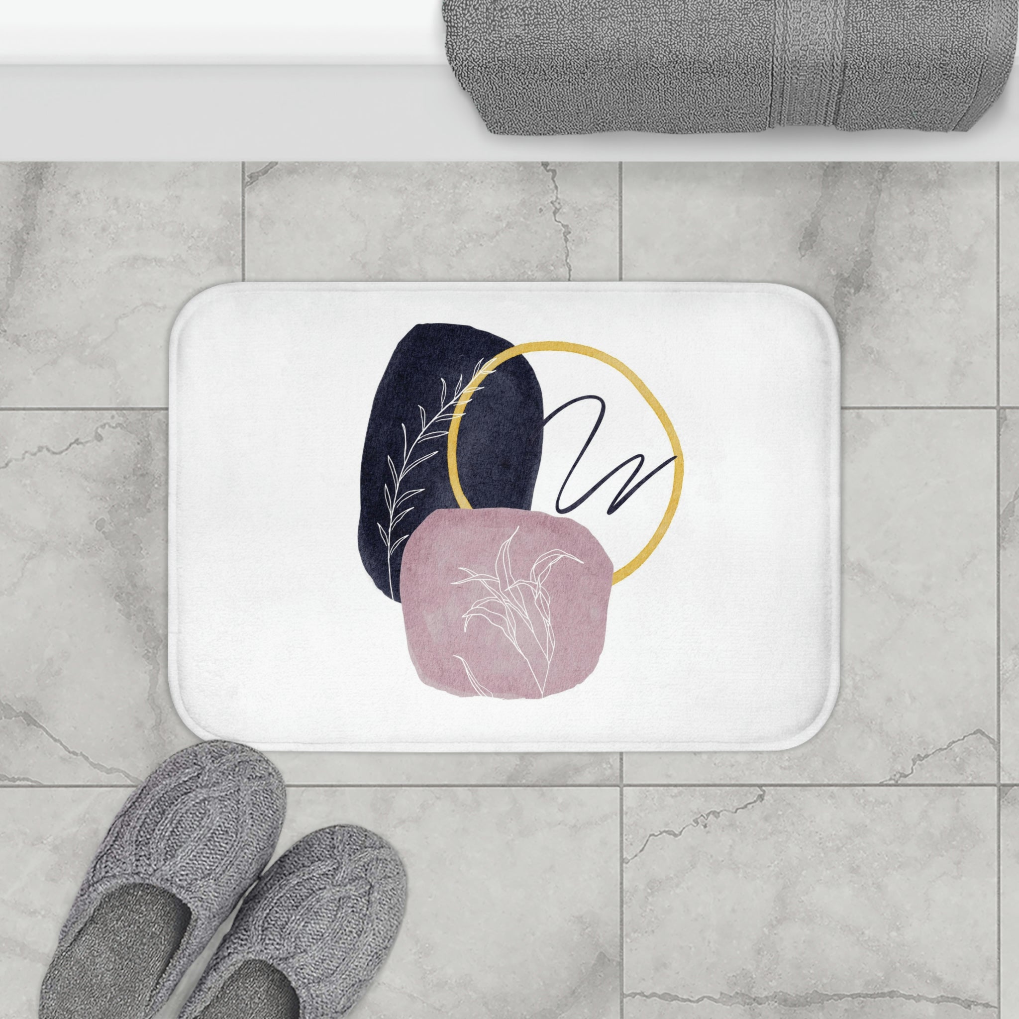 Boho Abstract Bath, Kitchen Mat | navy mauve pink, white