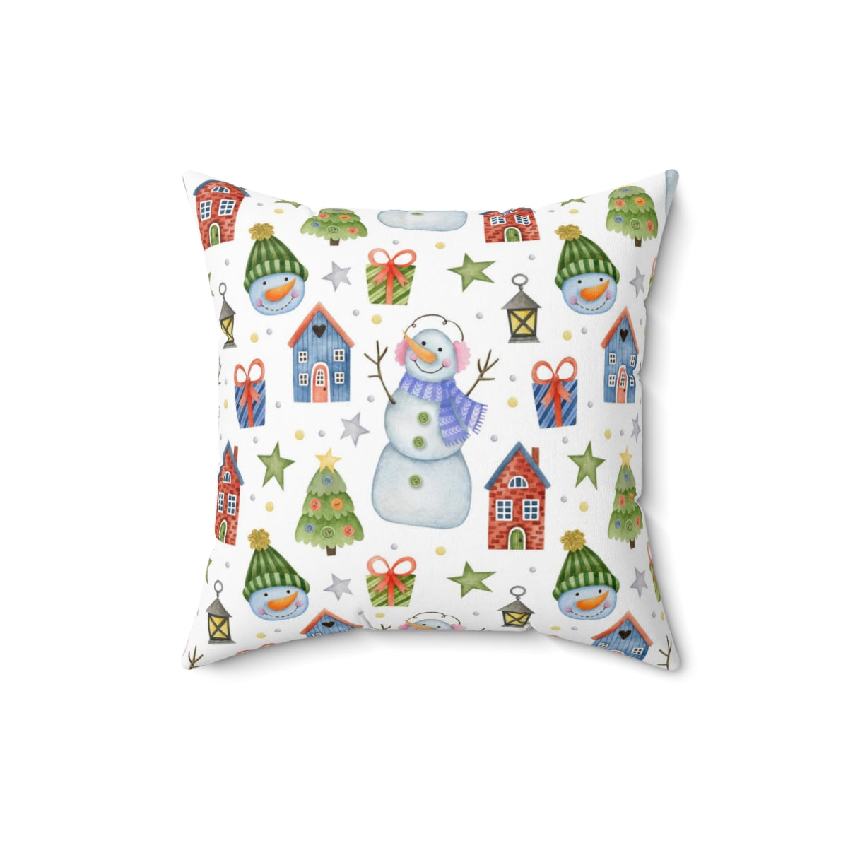 Christmas Square Pillow Cover | White Blue Snowman Festive Trees