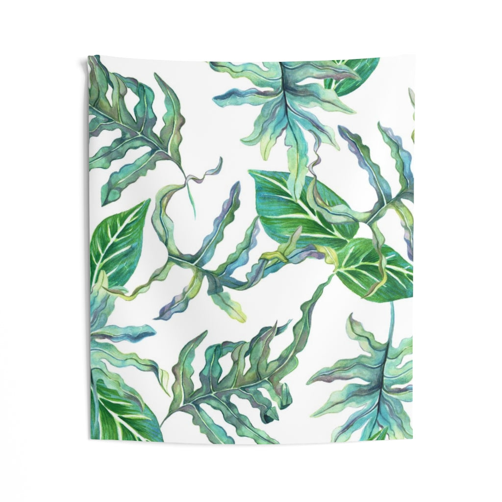 Floral Tapestry | White Green Tropical Leaves