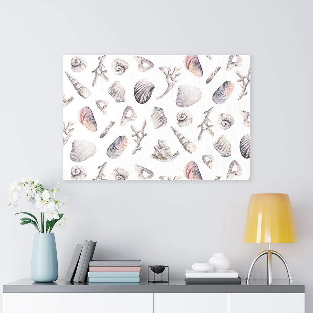 WHIMSICAL CANVAS ART | White Blue Pink Seashells