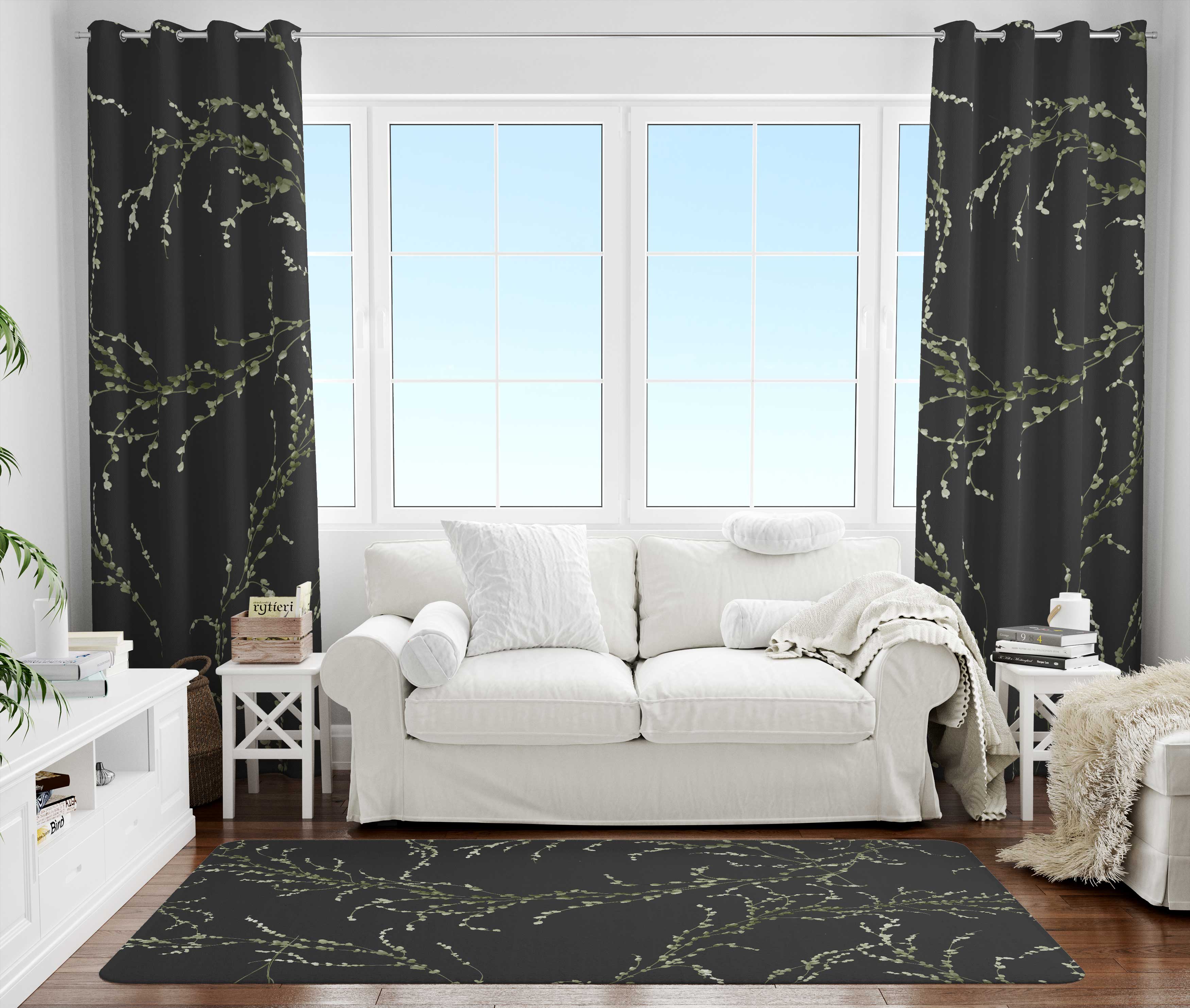 Floral Area Rug | Black Green Delicate Leaves