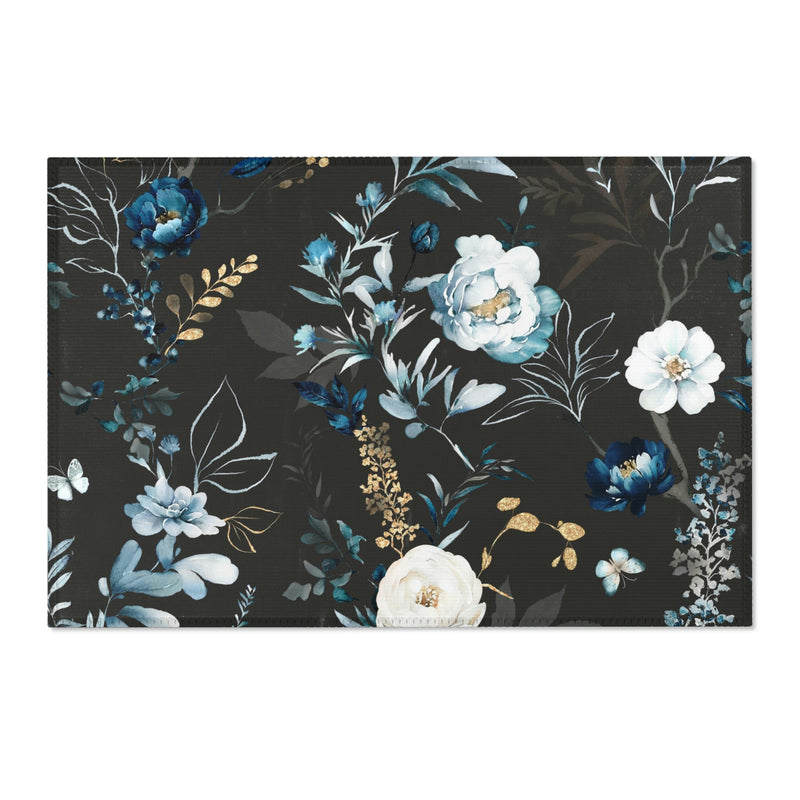 Peonies Floral Area Rug | Black Blue White