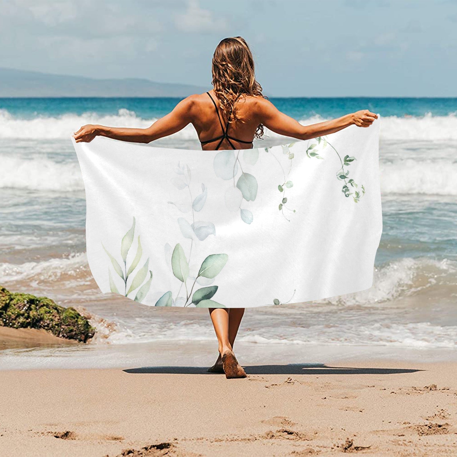 minimalist eucalyptus white sage green beach towel