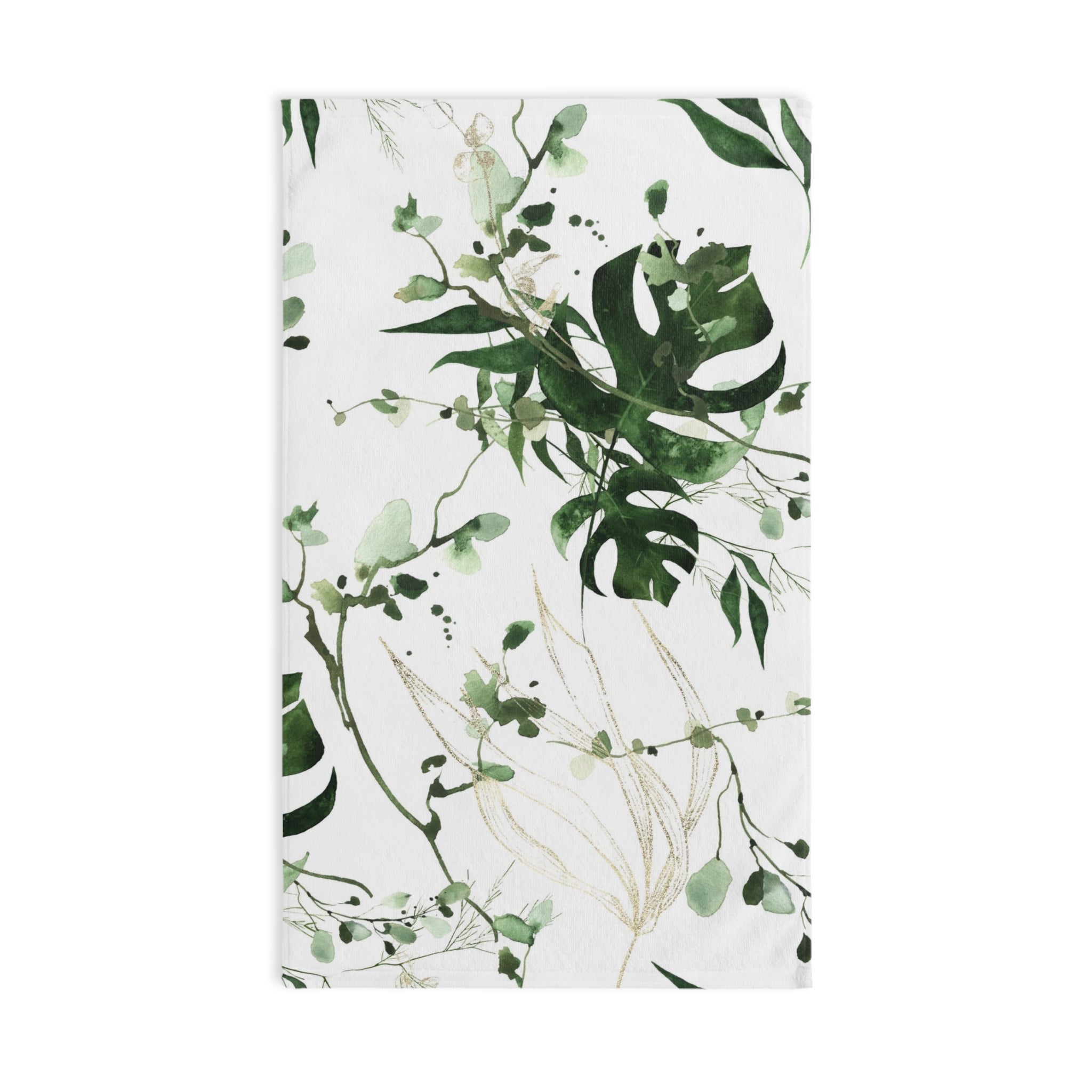 Floral Boho Kitchen, Bath Hand Towel | White Green Monstera Jungle Leaves