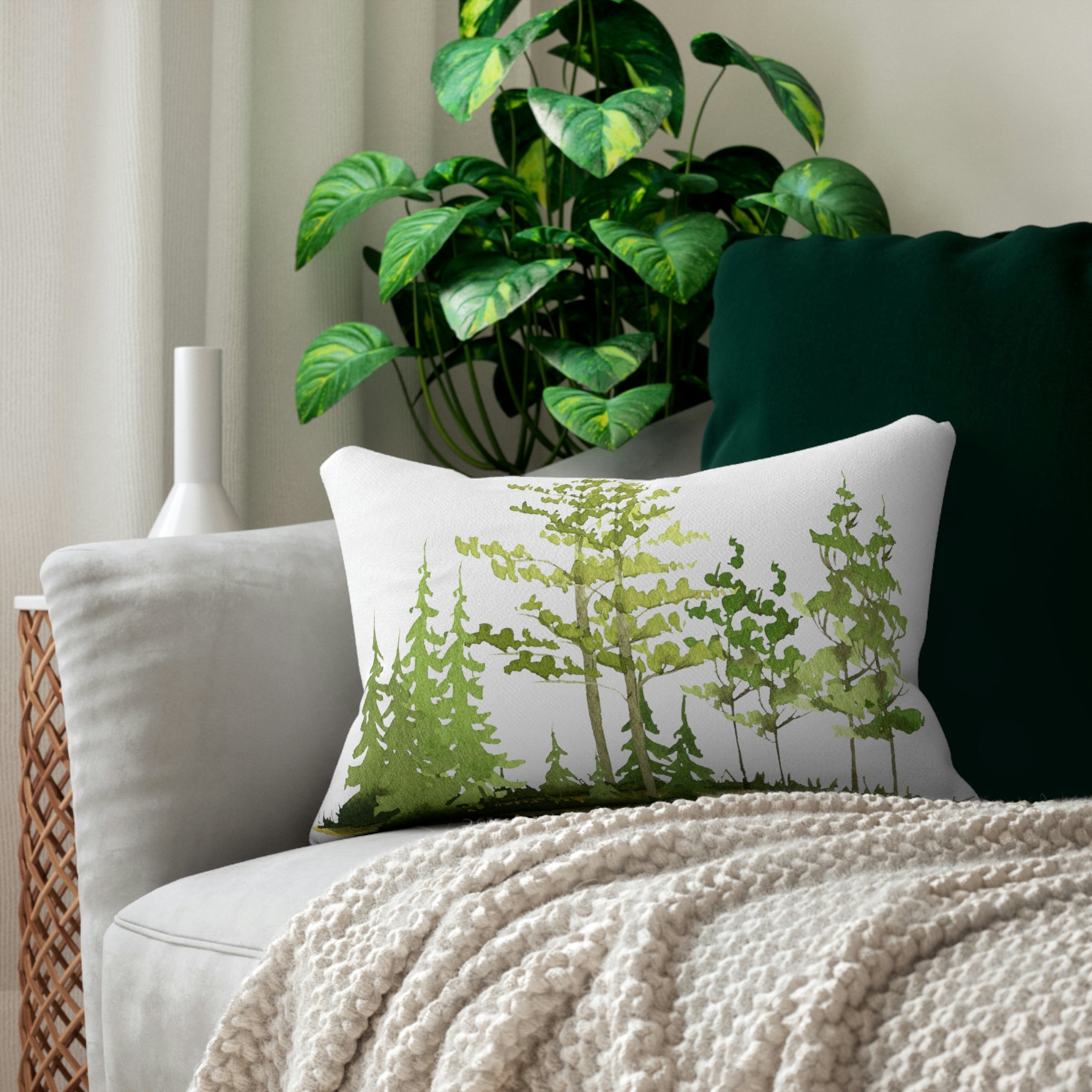 Green Trees Lumbar Pillow | Nature, White Watercolor