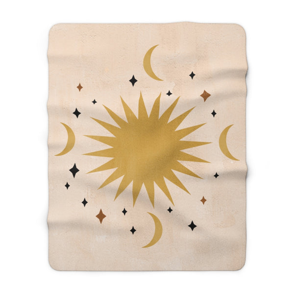 Brown Beige Gold, Moon Sun Stars, Celestial Bohemian Blanket