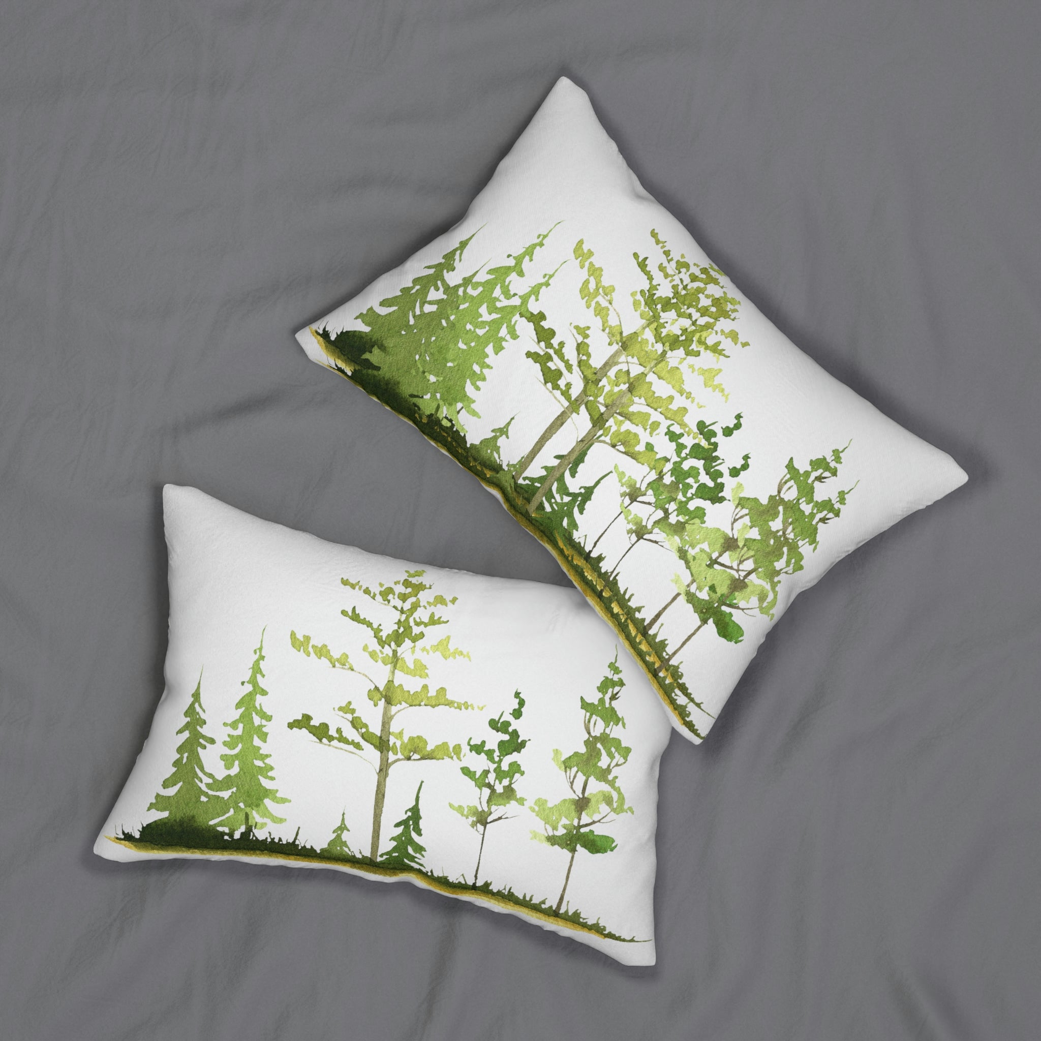 Green Trees Lumbar Pillow | Nature, White Watercolor