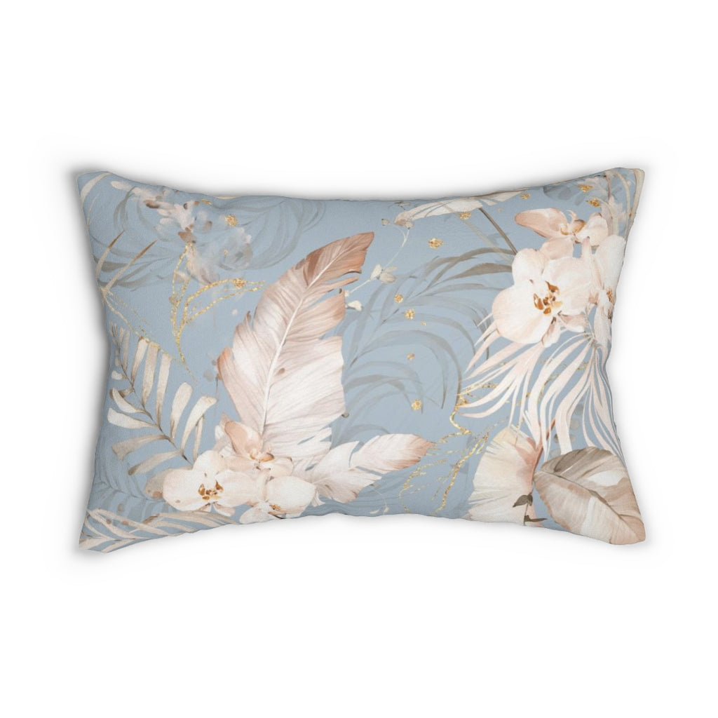 Floral Boho Lumbar Pillow | Sky Blue Cream Tropical Leaves