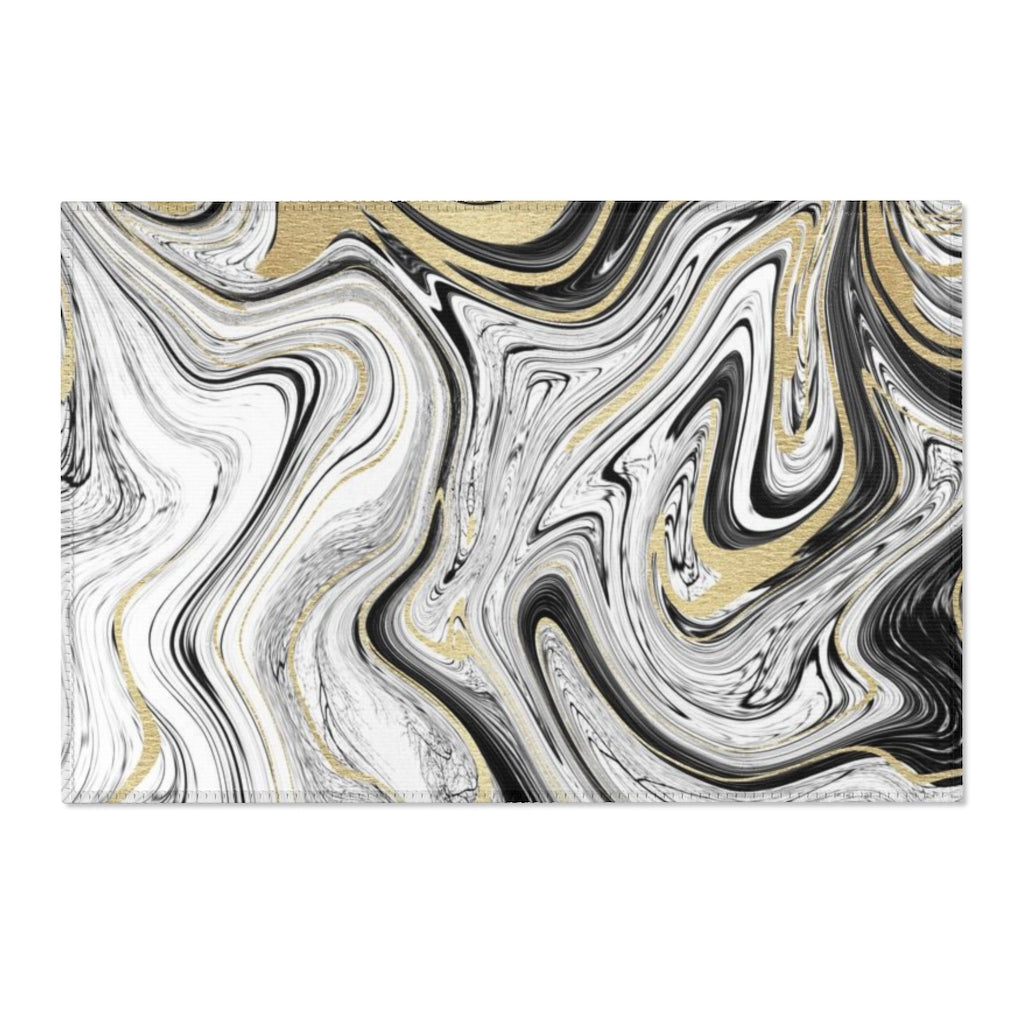 Abstract Area Rug | Black White Beige Gold Marble