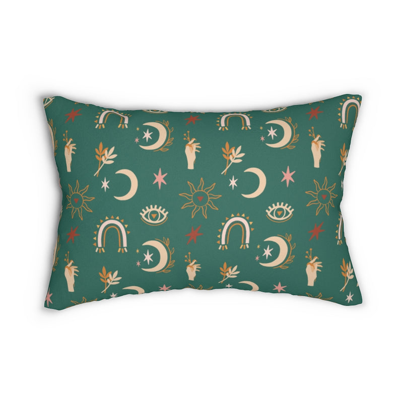 Mystical Boho Lumbar Pillow | Green Gold Moon