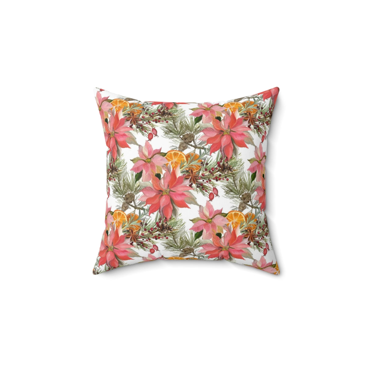 Christmas Square Pillow Cover | Red Poinsettas Orange Citrus