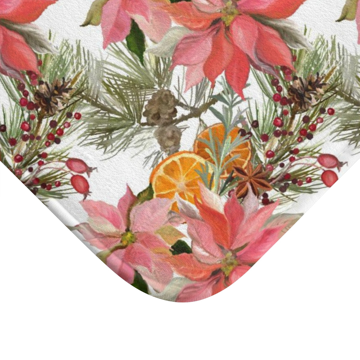 Christmas Bath Mat | White Red Green Poinsettias Citrus Leaves