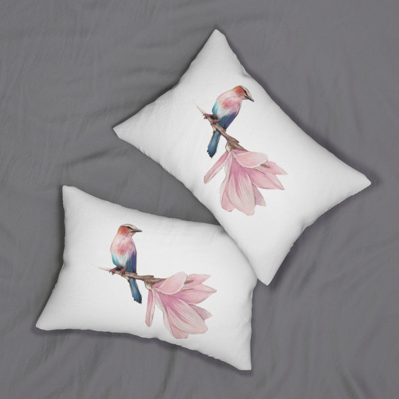 Whimsical Boho Lumbar Pillow | White Blush Pink Hummingbird