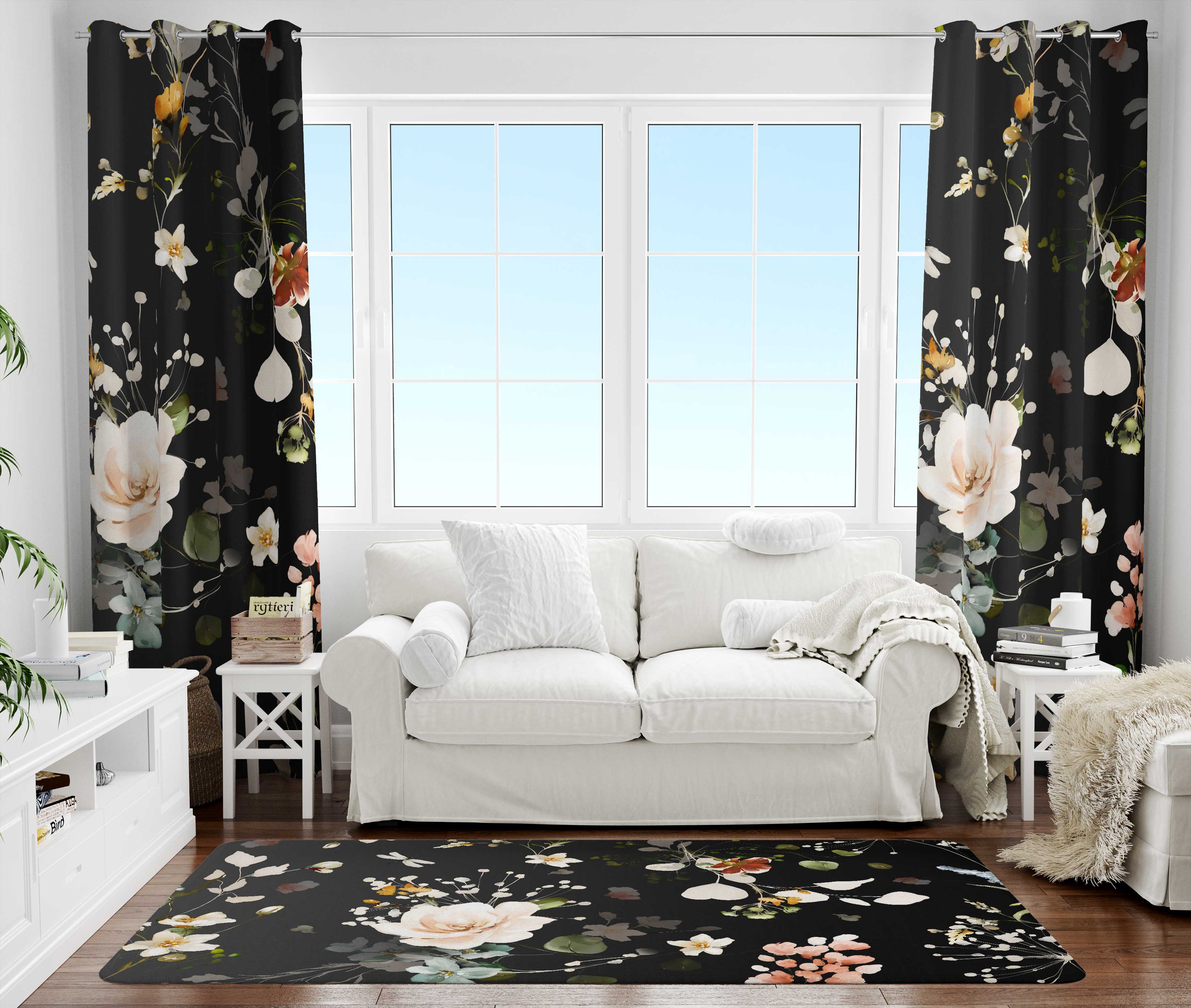 Floral Area Rug | Black Peach Blossoms