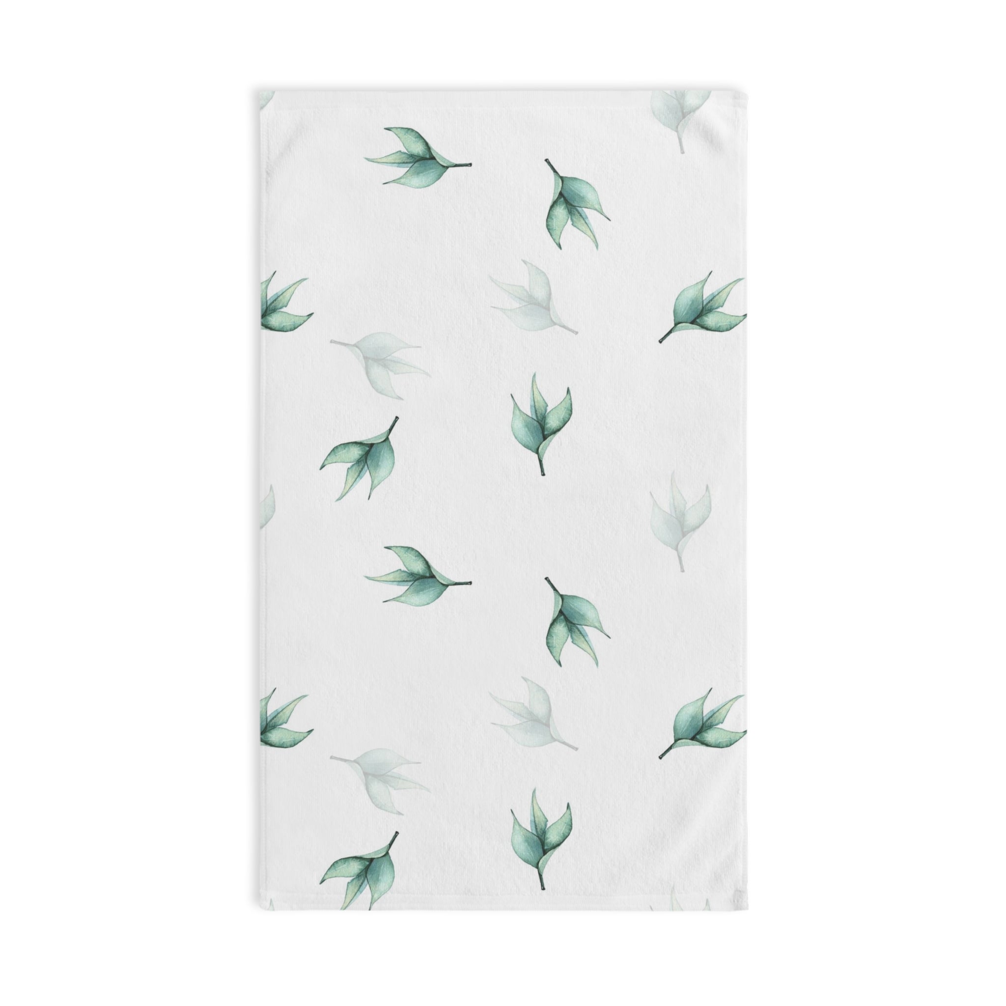 Floral Boho Kitchen, Bath Hand Towel | Sage Green Leaves, White