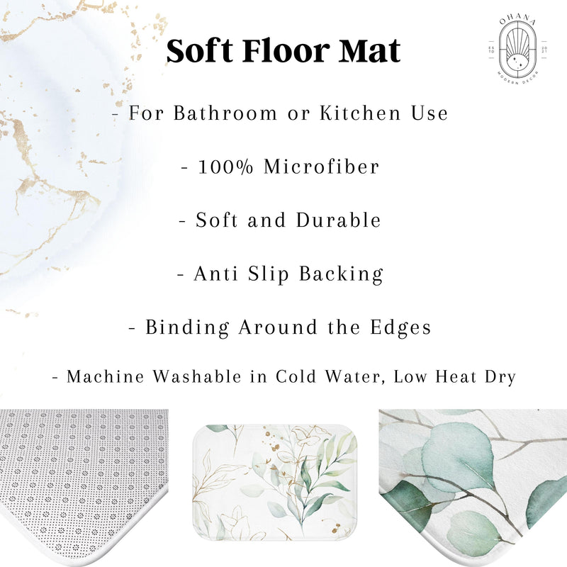 floral bath, kitchen mat | white green teal leaves