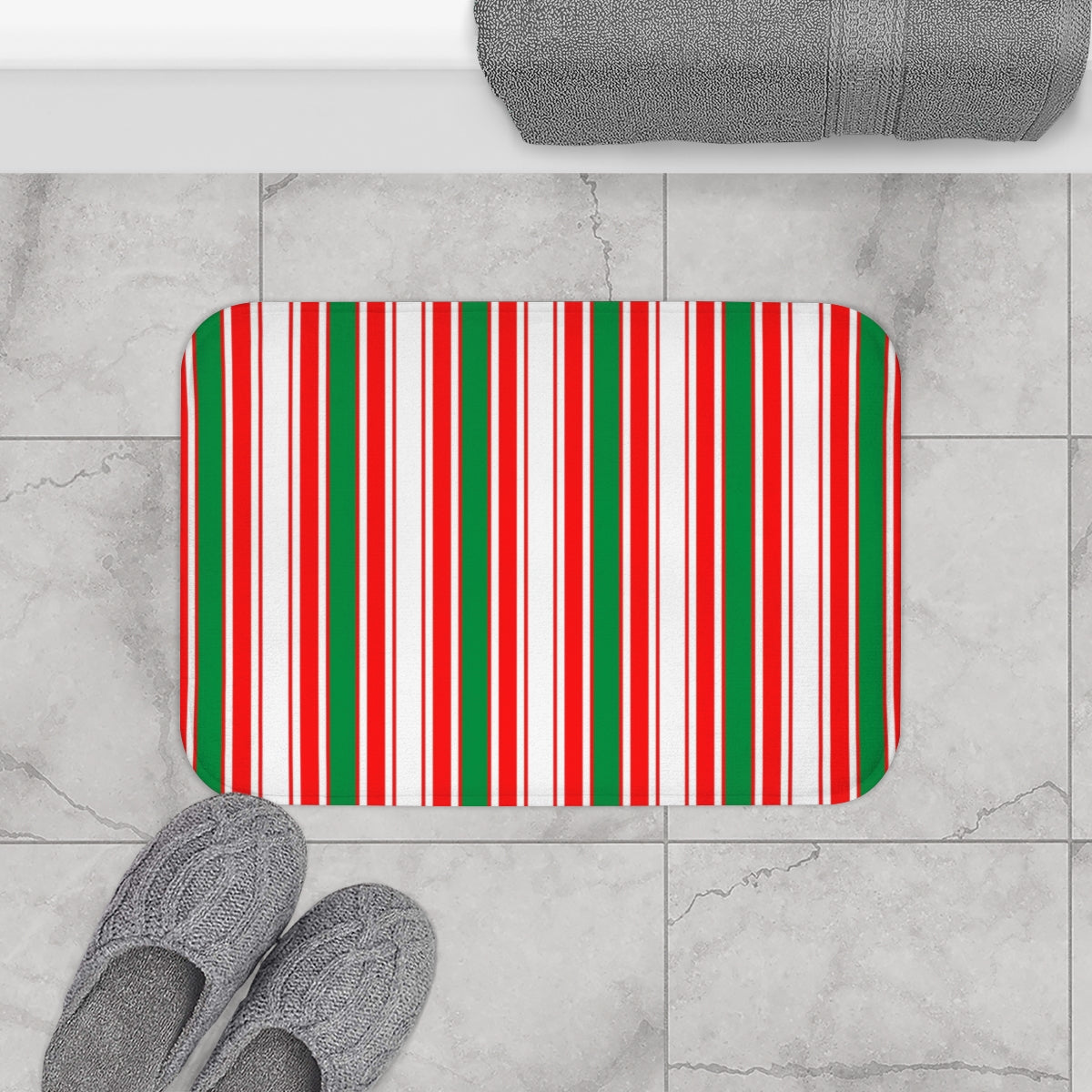 Christmas Bath Mat | Red Green White Vertical Stripes