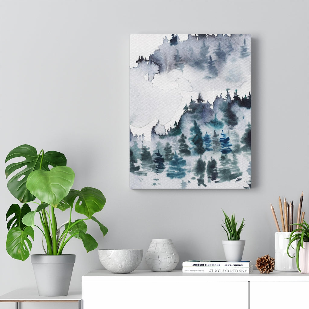 WHIMSICAL WALL CANVAS ART | Grey Blue White Mountain Forest