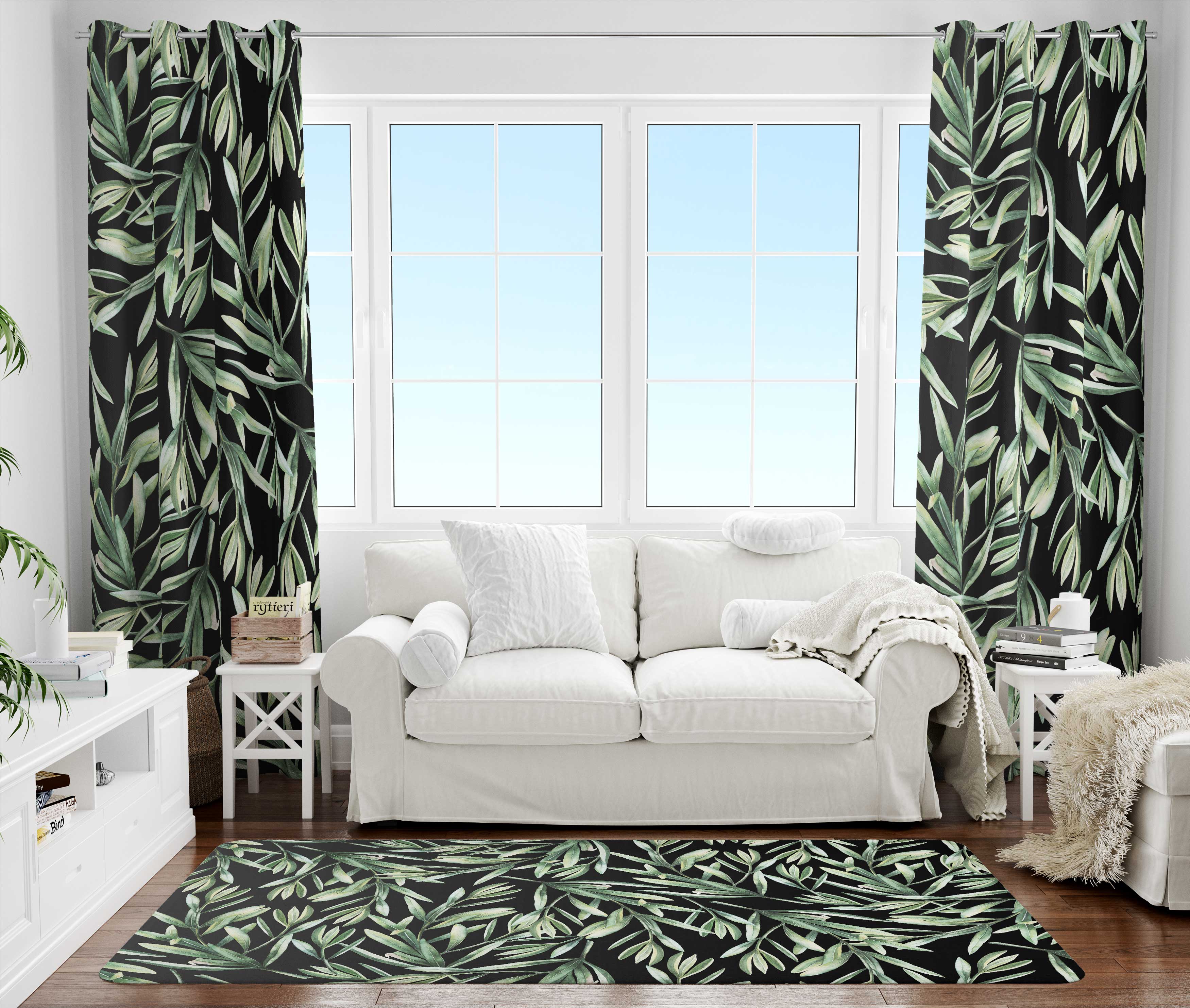 Floral Area Rug | Green Black Garden Leaves