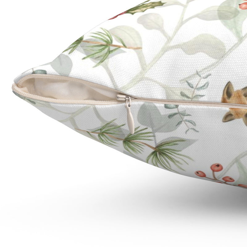 Christmas Square Pillow Cover | White Festive Leaves and Foxes