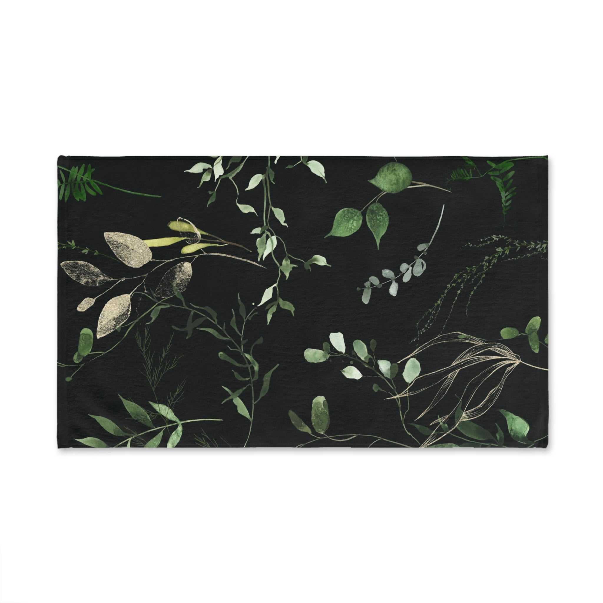 Floral Boho Kitchen, Bath Hand Towel | Jungle Black Sage Green Leaves