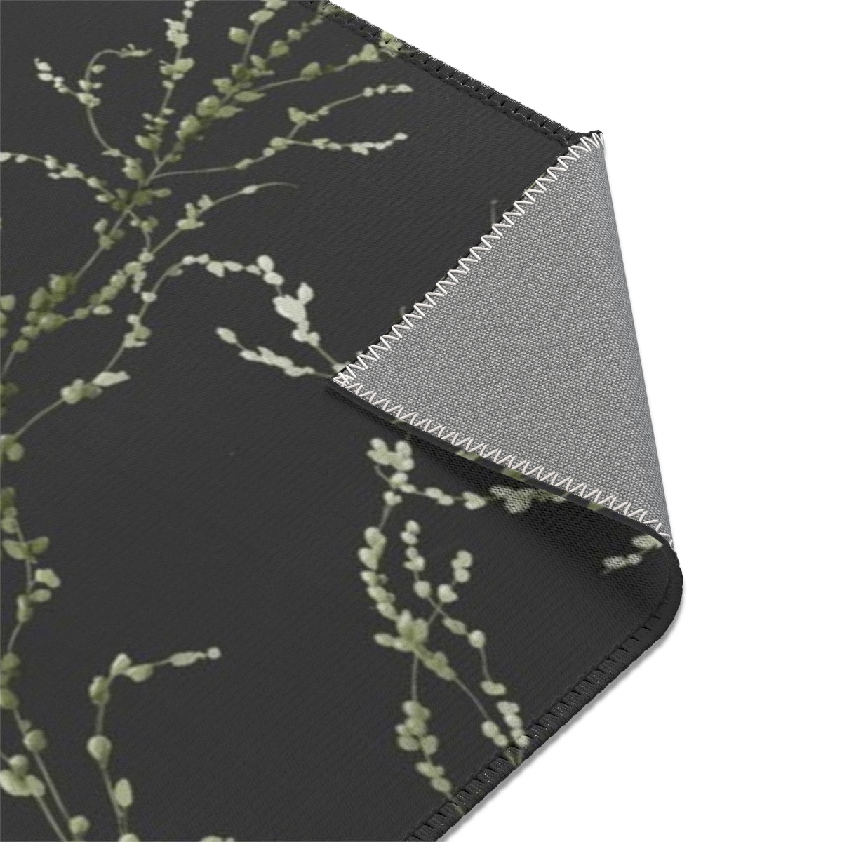 Floral Area Rug | Black Green Delicate Leaves