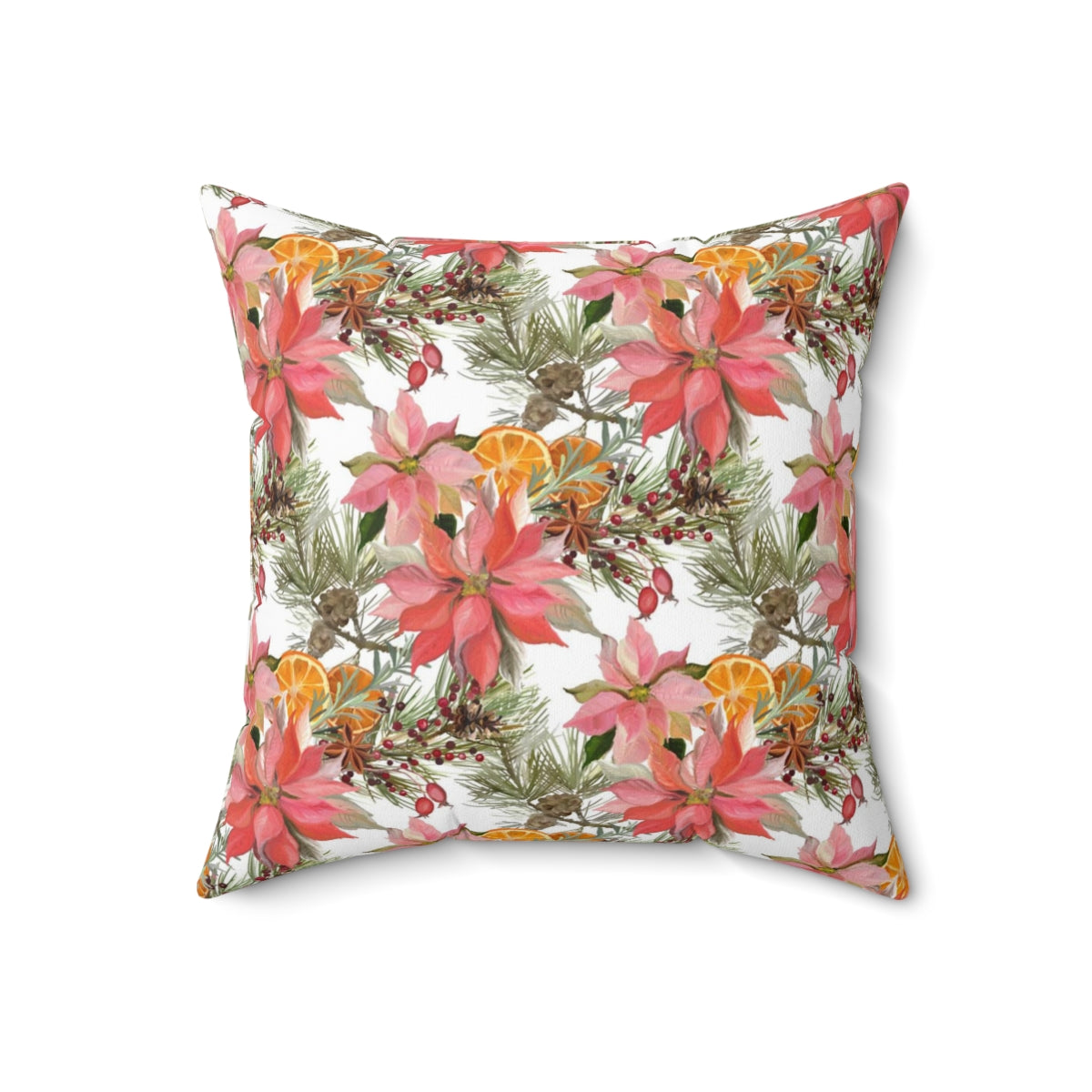 Christmas Square Pillow Cover | Red Poinsettas Orange Citrus