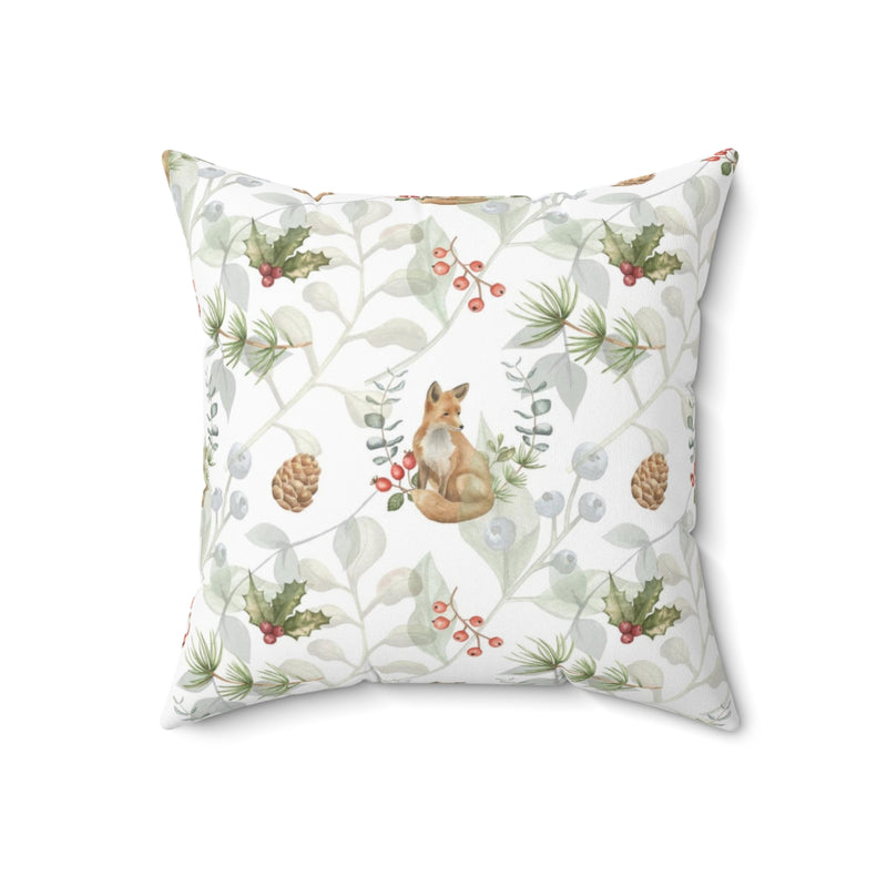 Christmas Square Pillow Cover | White Festive Leaves and Foxes