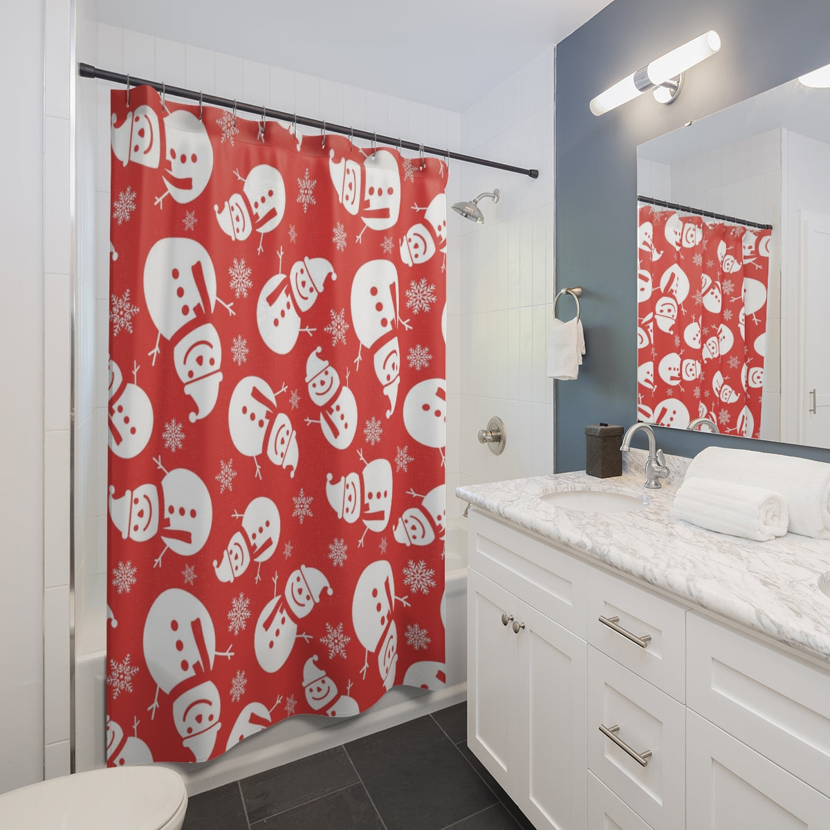 Christmas Shower Curtain | Red Snowman Pattern