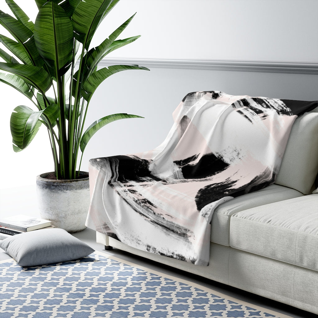 Comfy Abstract Cozy Comfy Abstract Blankets, Black Blush Pink, Brush Strokes