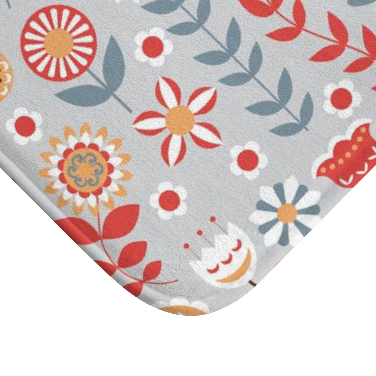 Christmas Bath Mat | Gray Orange Red Folk Flowers