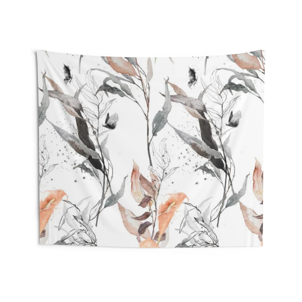 Floral Tapestry | Grey Salmon Pink White Leaves