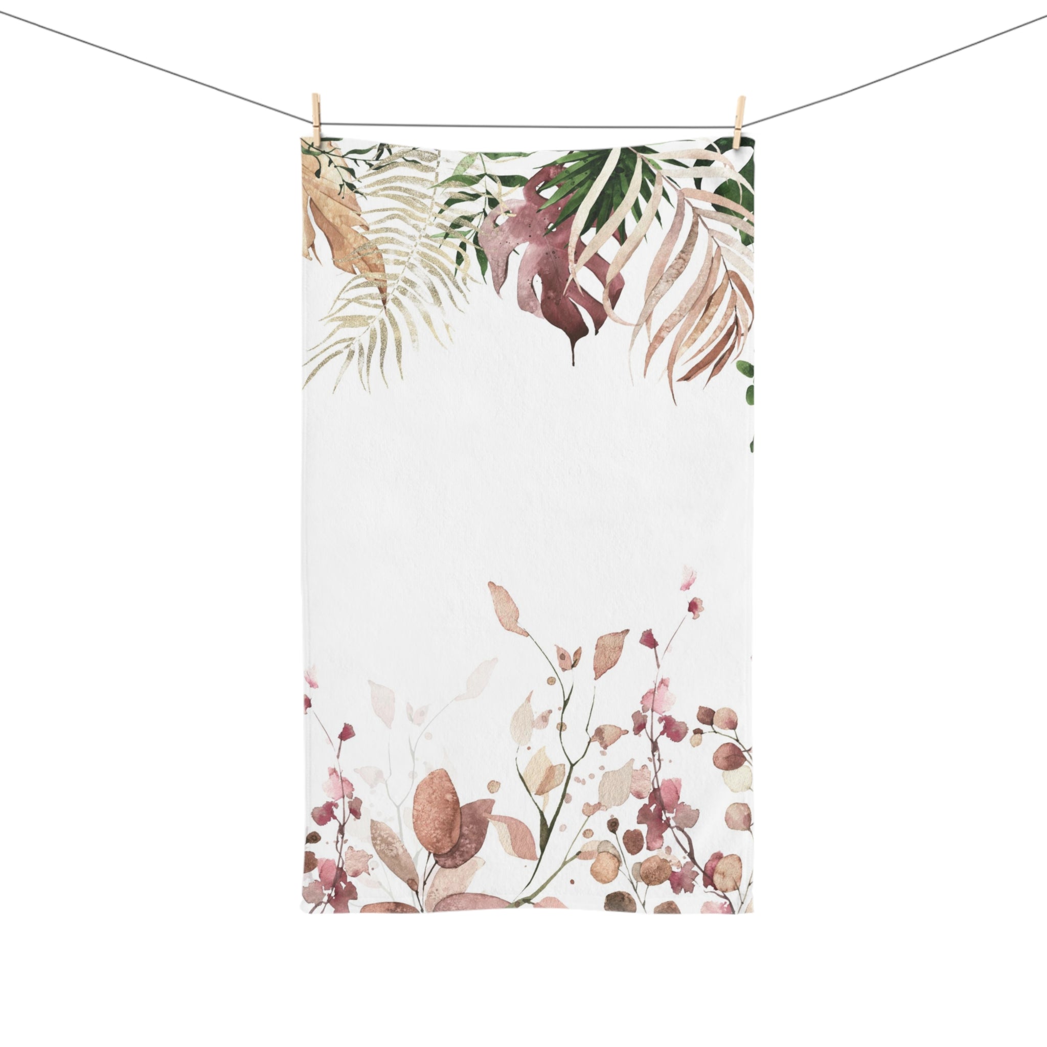 Floral Boho Kitchen, Bath Hand Towel | White Earthy Beige Monstera Jungle Leaves