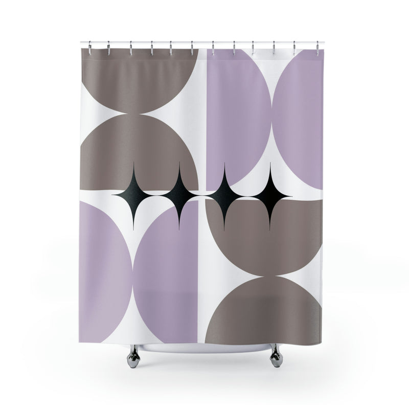Mid Century Shower Curtain | Abstract White Taupe Beige, Lavender Geometric