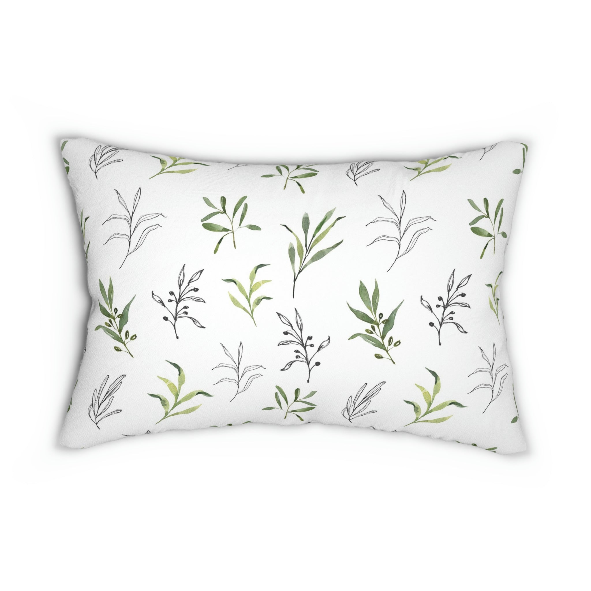 Floral Boho Lumbar Pillow | Sage Green Leaves, Black White Line Art