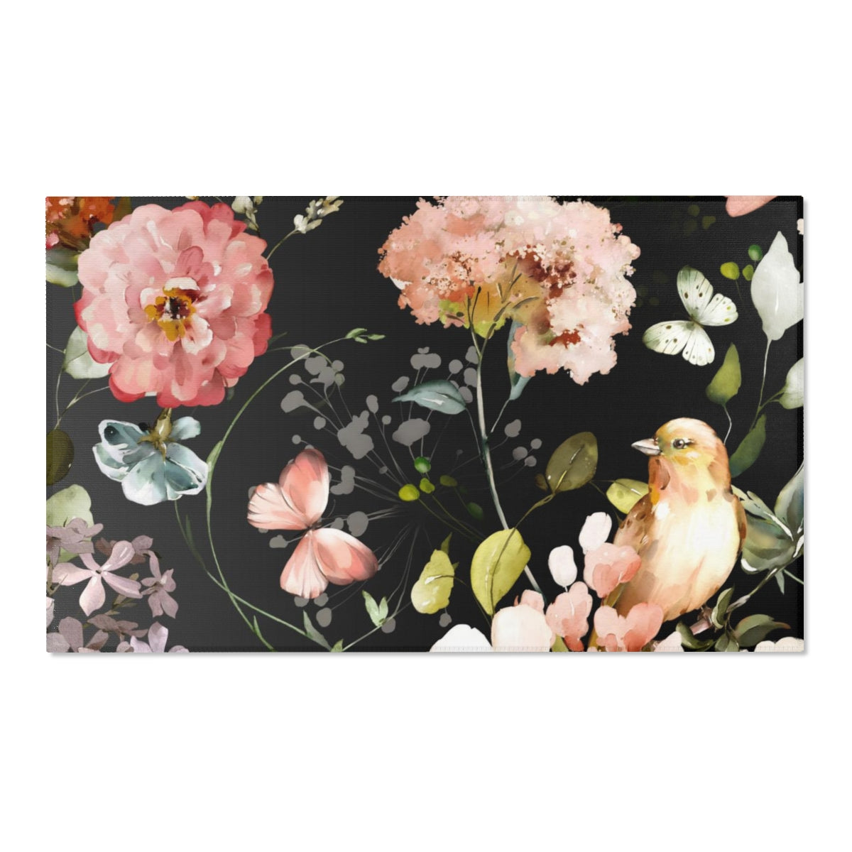 Floral Area Rug | Peach Pink Black Blossoms