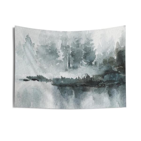 Landscape Tapestry | Grey Green Watercolor Lakeside Forest