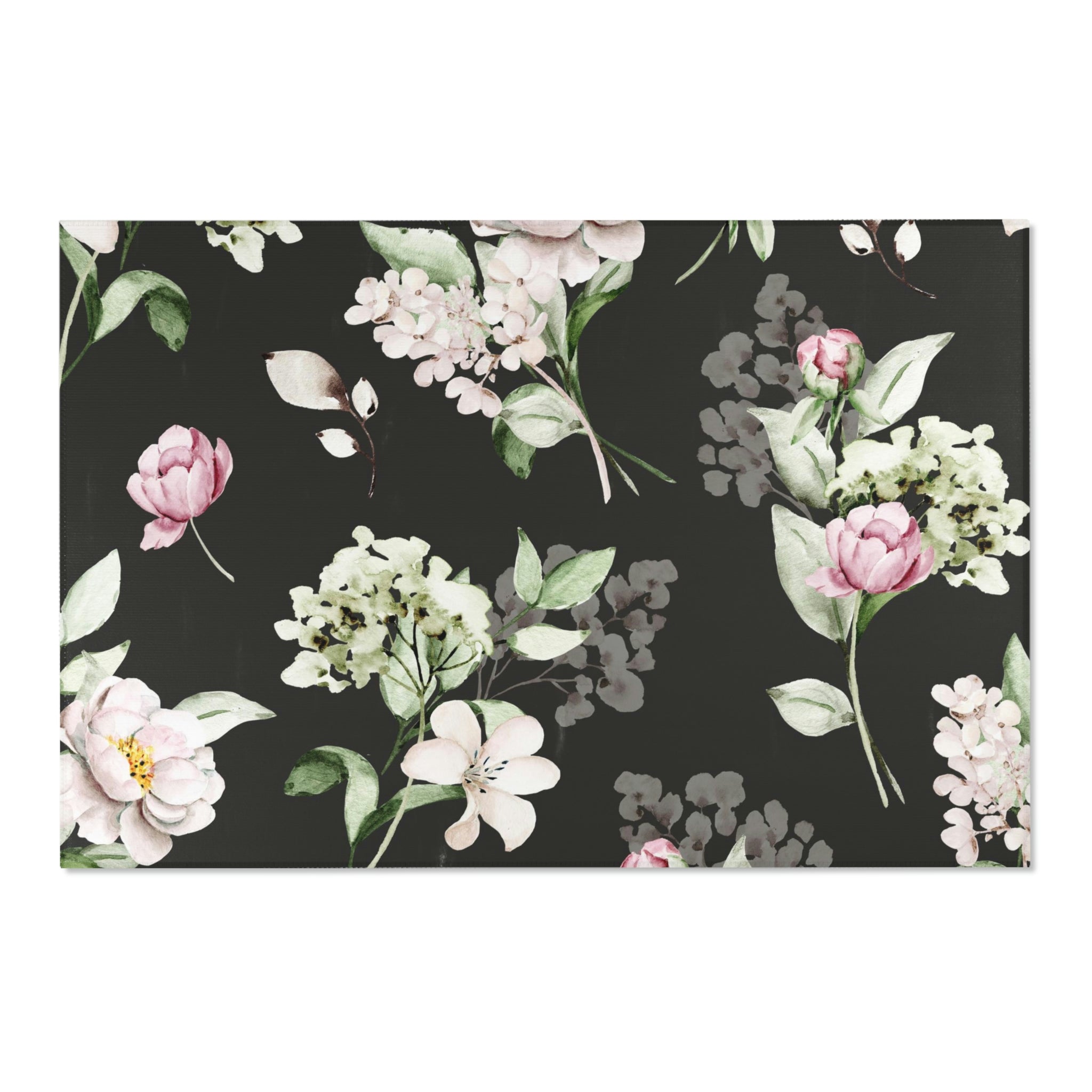 Floral Area Rug | Black Pink Peonies, Sage Green Botanical