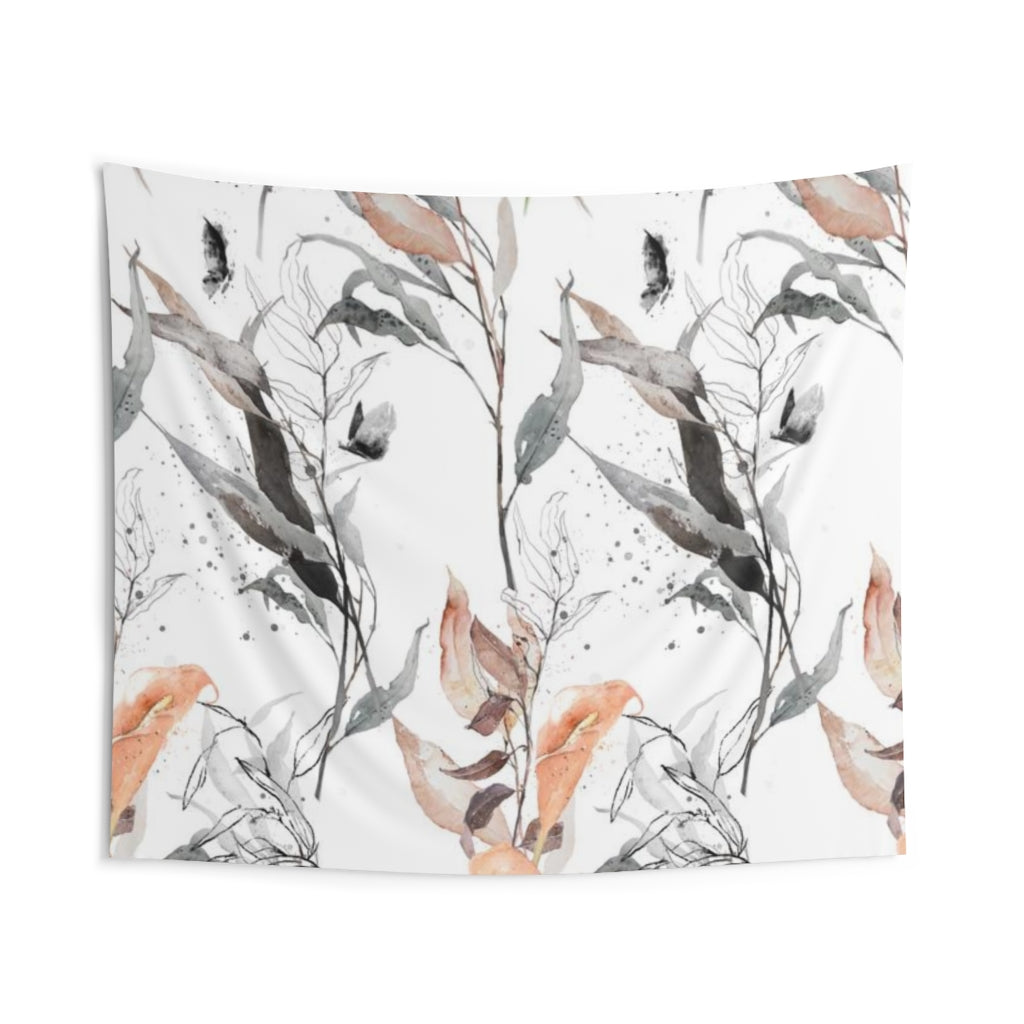 Floral Tapestry | Grey Salmon Pink White Leaves